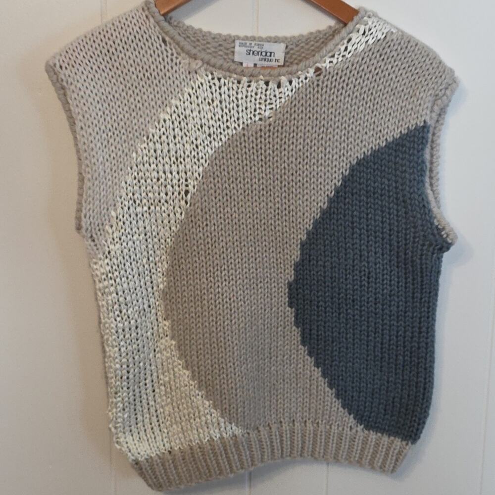 Vintage 80s Sheridan Unique Made Heather Blue Cream Knit Sweater Vest Womens L